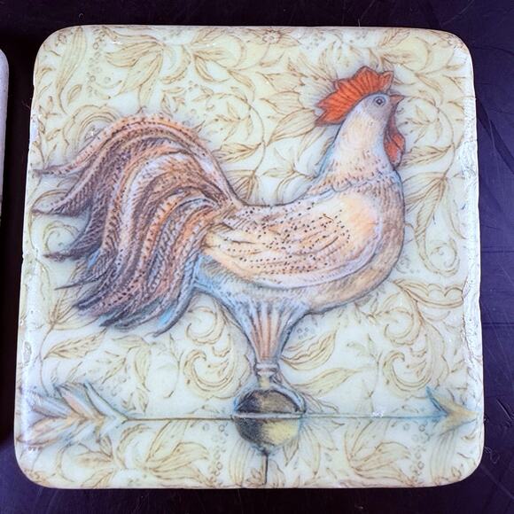 French Country Rooster Coasters Stone Set of 4 Cork Back Farmhouse Kitchen - Picture 5 of 8